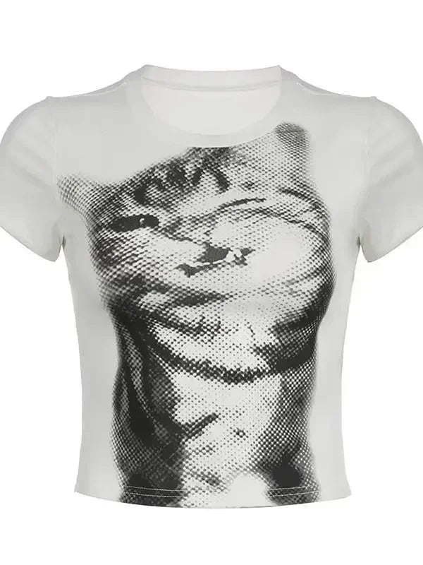 Pure Cotton Sexy Cat Printed Short-sleeved T-shirt for Women with Slim Slim Versatile Top