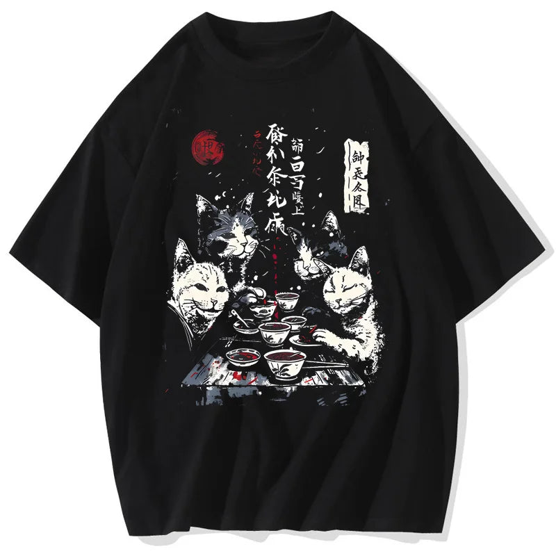 Cartoon Cat Graphic Men Tshirt Casual Baggy Short Sleeve T-shirt Japanese Style Oversized T Shirt Men's Clothing