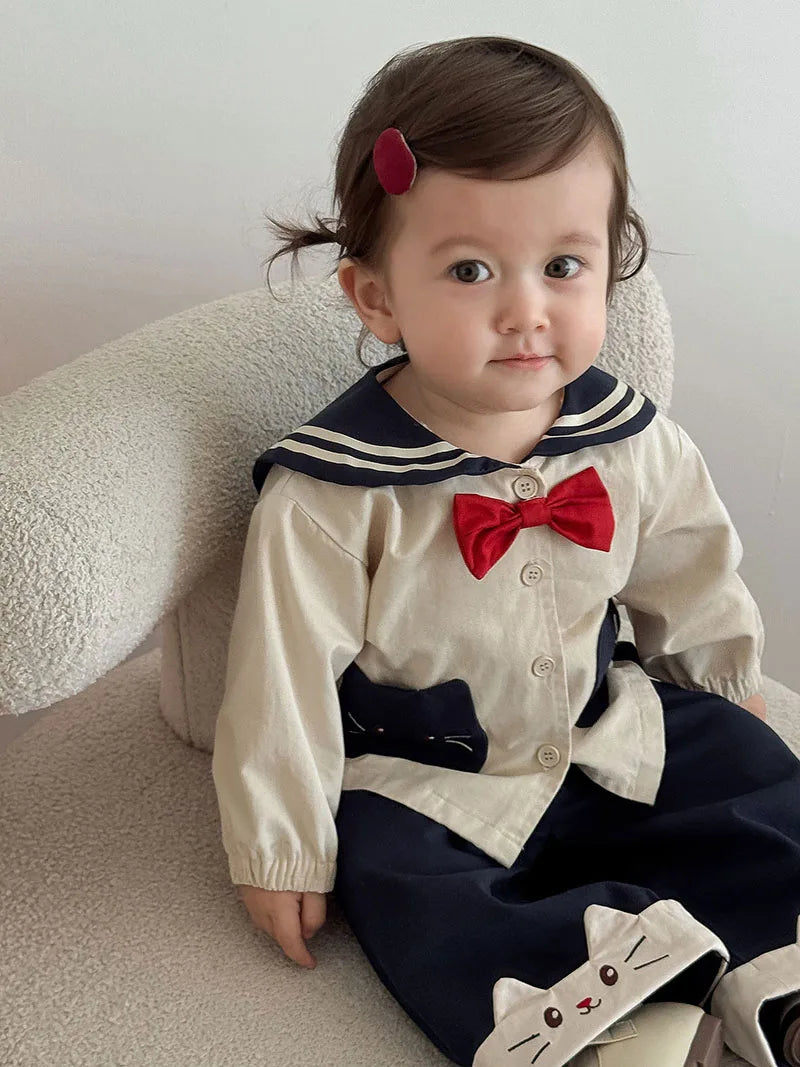 MILANCEL New Autumn Kids Clothes 9M-5T Sweet Cartoon Cat Girls Navy Style Coat +Wide Leg Pants Loose Korean Children Outfit 2PCS