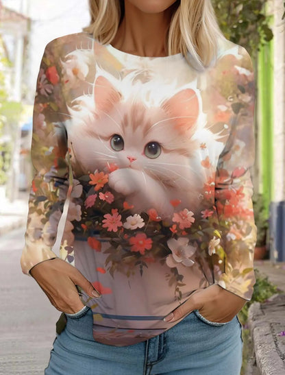 Women's Cute Cat Long Sleeves T-Shirt Round Neck Long Sleeved Autumn Animal Clothing Holiday Gift Clothing Fashion Party T-Shirt