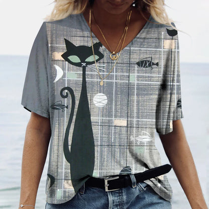 Women's T-shirt Cartoon Cat Print Summer Short Sleeve V-Neck Kawaii Fashion Casual Tee Shirts With Cat Funny Femininity Clothing