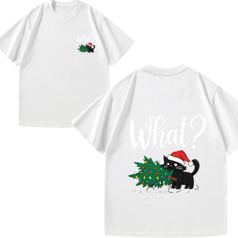 Men's T-Shirt Black Cat with Christmas Tree & What? Print Xmas Party Gift Idea Festive Season Top