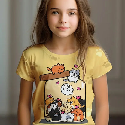 Kids Clothes Children's T-Shirt Girl Short Sleeve Top Cartoon Cat Kawaii Girls Summer Clothes Child T-Shirt  Children's Clothing