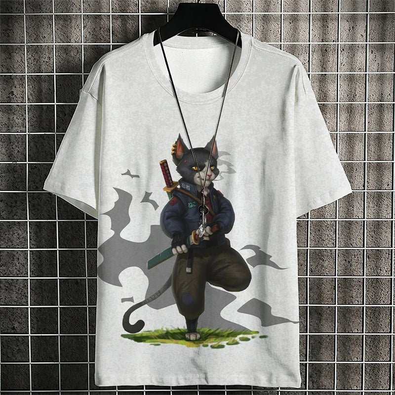 Fashion Warrior Cat Graphic T Shirts For Men Trend Summer Crew Neck 3D Cat Printed Kids T-shirts Cool Streetwear Harajuku Tees