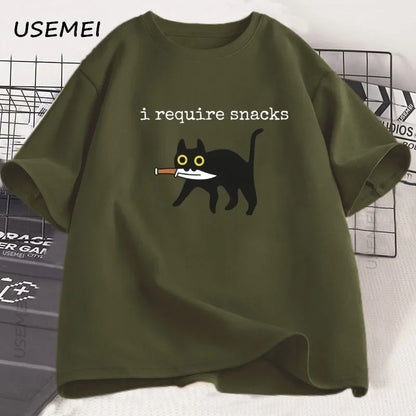 I Require Snacks T-Shirt Men Funny Black Cat Tshirt Cat Mom Cotton Short Sleeve Round Neck Tees Streetwear Man Clothes Tops