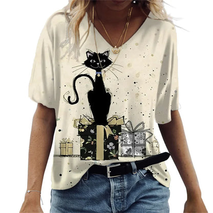 Cartoon Anime Cat Women's T-Shirts Fashion Top Tee 3d T-Shirt Harajuku Casual Short Sleeve V-Neck Oversized Female Clothing