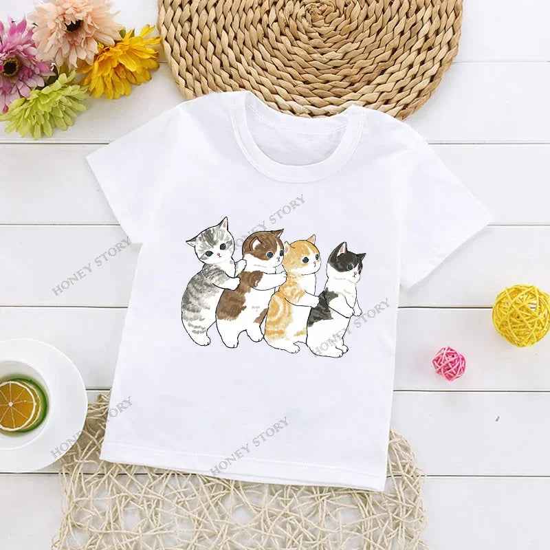 Cats Kids T Shirt Personalized Cartoon Cat Print Fashion Children's T-shirt Short Sleeve Children's Summer Boys Clothes Tops Tee