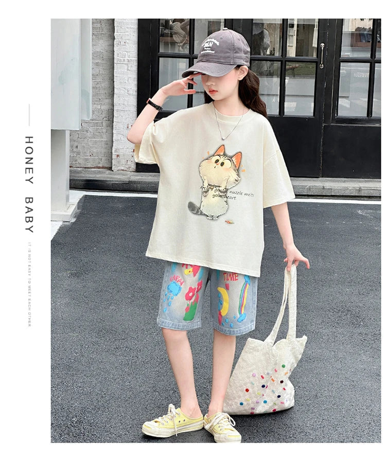Kids Summer Cartoon Cat Print Tracksuit for Teenage Girl 5 6 7 8 9 10 11 12 13 14 Years Old Child Casual Top Bottom Clothes Set