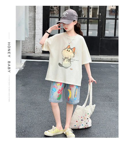 Kids Summer Cartoon Cat Print Tracksuit for Teenage Girl 5 6 7 8 9 10 11 12 13 14 Years Old Child Casual Top Bottom Clothes Set