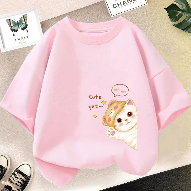 Kids Lovely Cat Pet Animal T Shirt Fashion Summer Girls Cute Casual Top Short Sleeve Tshirts Children Cartoon Graphic Tee