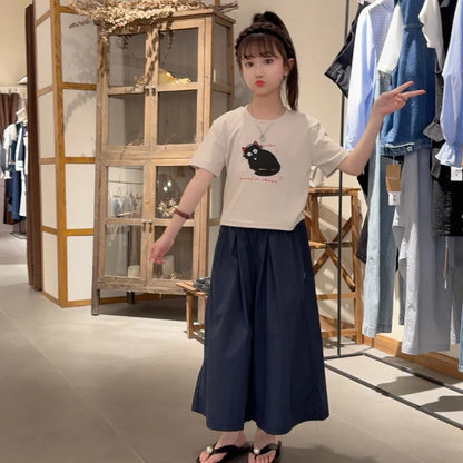 Girls Clothing Set Cartoon Cat Print T-shirt+Straight Through Pants 2Pcs Suit For 2-8 Years Kids Casual Outfit 2025 Summer New