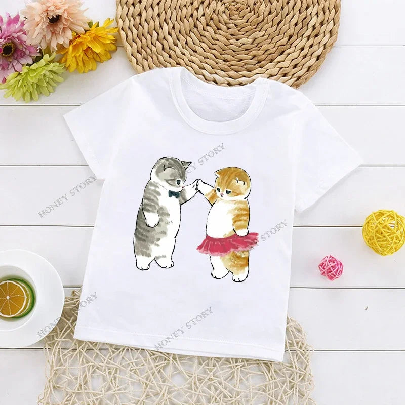 Cats Kids T Shirt Personalized Cartoon Cat Print Fashion Children's T-shirt Short Sleeve Children's Summer Boys Clothes Tops Tee