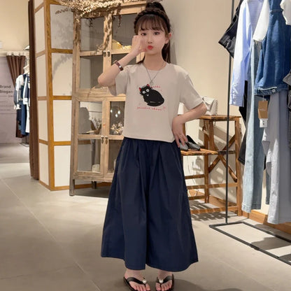 Girls Clothing Set Cartoon Cat Print T-shirt+Straight Through Pants 2Pcs Suit For 2-8 Years Kids Casual Outfit 2025 Summer New