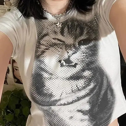 Pure Cotton Sexy Cat Printed Short-sleeved T-shirt for Women with Slim Slim Versatile Top