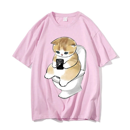Cute Kitten Cat Play Games Print Avant-garde Fashion Trend Loose Cotton Round Neck Short Sleeve Men's T-shirt Korean Clothing