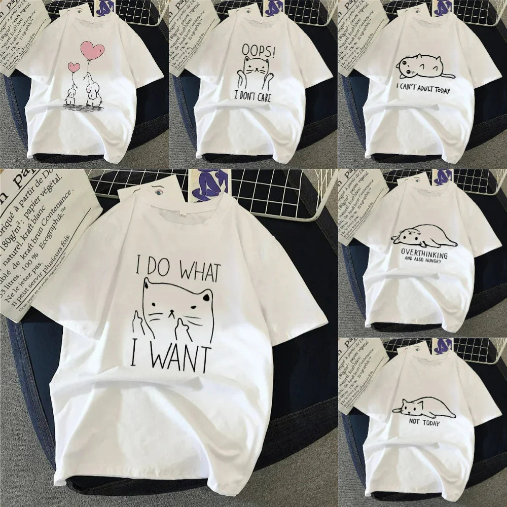Women T Shirt Cartoon Cat Group Printed T-Shirt Casual Short Sleeve Couples T-Shirt Funny Cat Streetwear Large-sized T-shirt