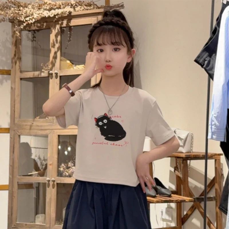 Girls Clothing Set Cartoon Cat Print T-shirt+Straight Through Pants 2Pcs Suit For 2-8 Years Kids Casual Outfit 2025 Summer New