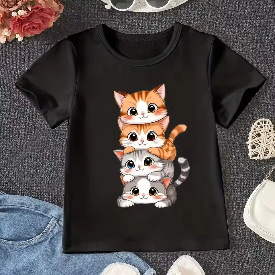 Cute Cat Graphic Kids Tshirts Summer Short Sleeve Tees Cartoon Animal Boys Girls Clothes Kawaii Kitten Tops Y2K Children T-shirt
