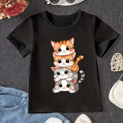 Cute Cat Graphic Kids Tshirts Summer Short Sleeve Tees Cartoon Animal Boys Girls Clothes Kawaii Kitten Tops Y2K Children T-shirt