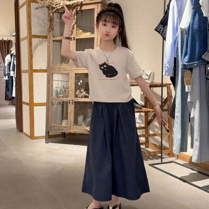 Girls Clothing Set Cartoon Cat Print T-shirt+Straight Through Pants 2Pcs Suit For 2-8 Years Kids Casual Outfit 2025 Summer New
