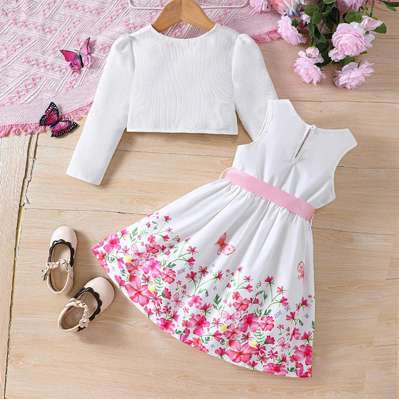 Kids Casual Clothing Sets Outfits for Girls Spring Summer Toddler Floral Print Long Sleeve Coat Tank Dress Children 2 3 4 5 6 7