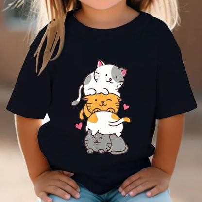 Cute Cat Graphic Kids Tshirts Summer Short Sleeve Tees Cartoon Animal Boys Girls Clothes Kawaii Kitten Tops Y2K Children T-shirt