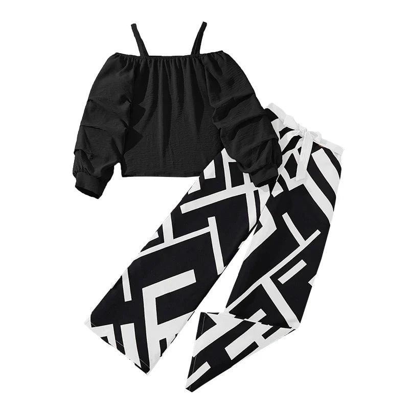 Kids Clothing Sets For Girls Khaki Off-shoulder Long sleeve Top & Stripe Printing Pants Summer Resort Style Children Suits OOTD