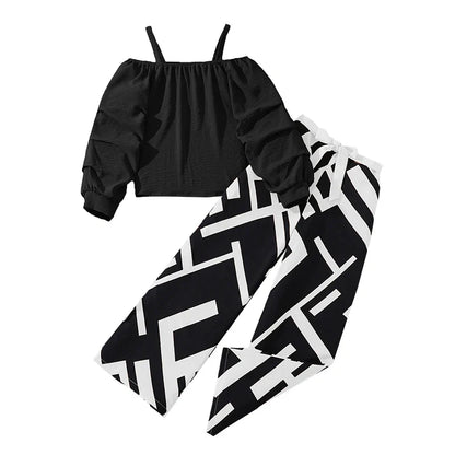 Kids Clothing Sets For Girls Khaki Off-shoulder Long sleeve Top & Stripe Printing Pants Summer Resort Style Children Suits OOTD