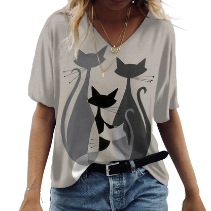 Women's T-shirt Cartoon Cat Print Summer Short Sleeve V-Neck Kawaii Fashion Casual Tee Shirts With Cat Funny Femininity Clothing