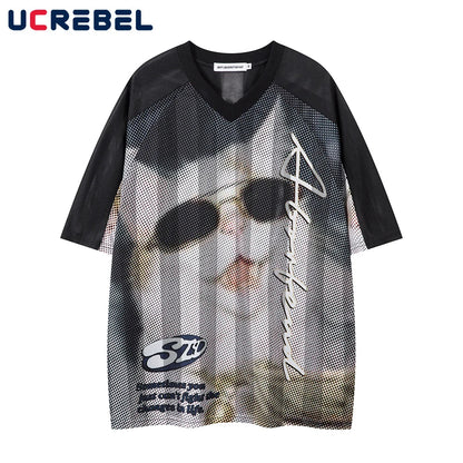 Cat Print Short Sleeve T-shirt Mens Summer Retro High Street Loose Raglan Half-Sleeve V-neck Breathable Mesh Tshirt Men