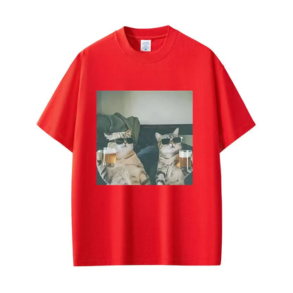 Fun cat beer T-shirt for men 100% cotton casual T-shirt retro short-sleeved fashionable round-neck T-shirt
