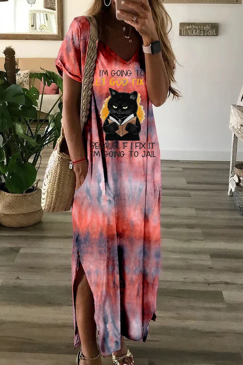 Women's Clothing Cat Short Sleeved Dress V Neck Lower Fork Swing Side Pockets