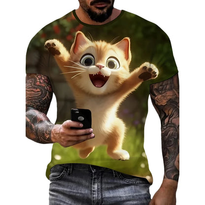 Men's T-Shirt Funny Cat Pattern Cool Printed Men's Short Sleeve Fashion O-Neck T-Shirt Outdoor Casual Lightweight Men's Clothing
