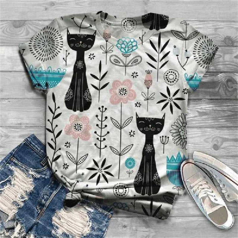 Cat Short Sleeve Cartoon Cat Women's T-Shirt Summer Fashion 3d Cartoon Women Clothing T Shirt For Women Daily Casual Top Tee
