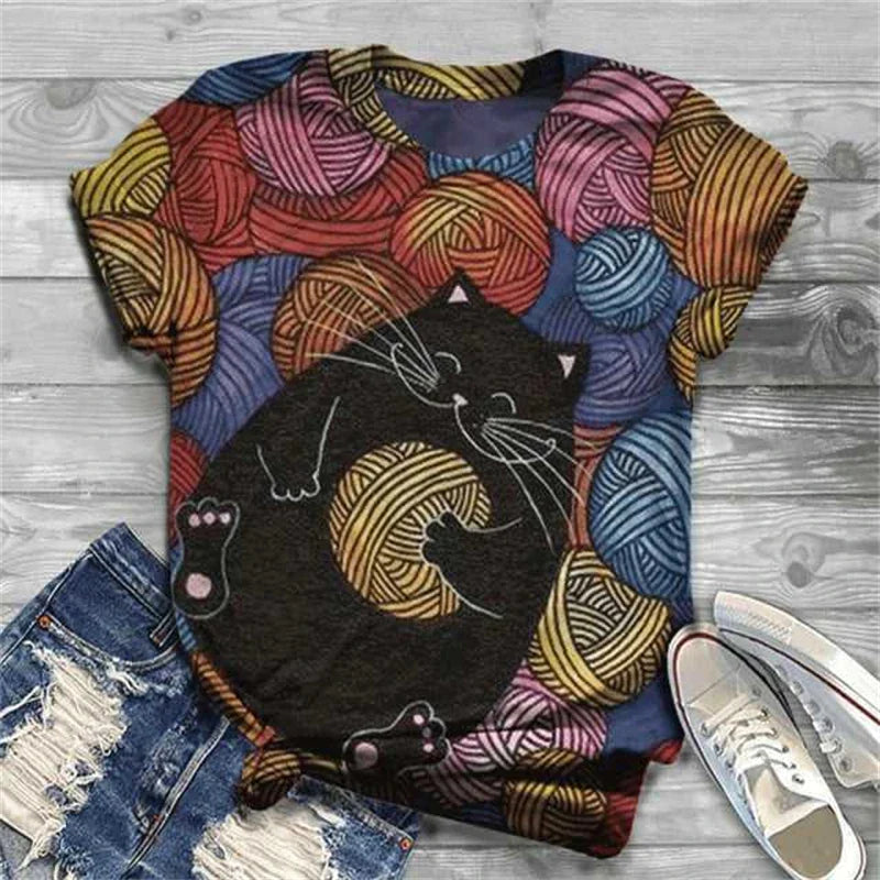 Cat Short Sleeve Cartoon Cat Women's T-Shirt Summer Fashion 3d Cartoon Women Clothing T Shirt For Women Daily Casual Top Tee