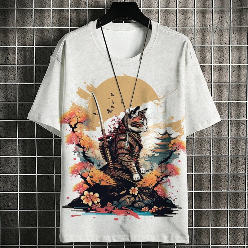 Fashion Warrior Cat Graphic T Shirts For Men Trend Summer Crew Neck 3D Cat Printed Kids T-shirts Cool Streetwear Harajuku Tees
