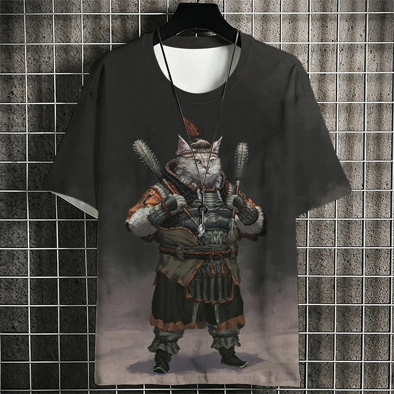 Fashion Warrior Cat Graphic T Shirts For Men Trend Summer Crew Neck 3D Cat Printed Kids T-shirts Cool Streetwear Harajuku Tees