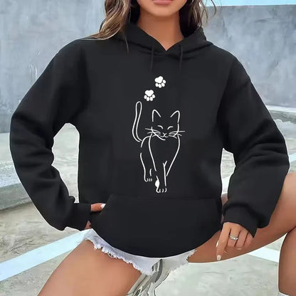 Whimsical Cat Print Sweatshirts Cat Women Kawaii Kangaroo Pocket Hoodies Girl Casual Pullovers Female Animal Hooded 90s Clothing