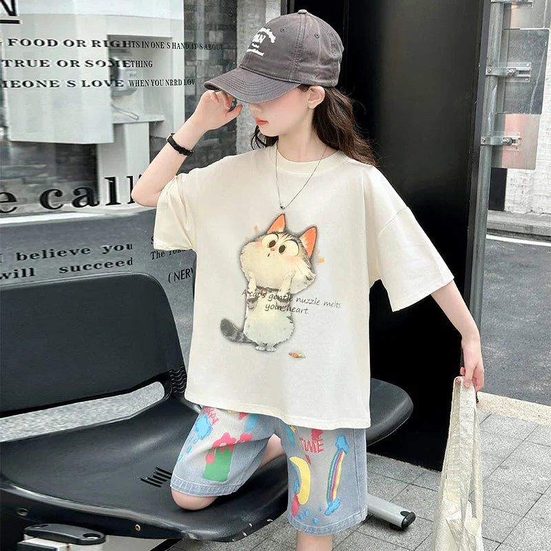 Kids Summer Cartoon Cat Print Tracksuit for Teenage Girl 5 6 7 8 9 10 11 12 13 14 Years Old Child Casual Top Bottom Clothes Set
