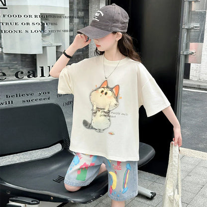 Kids Summer Cartoon Cat Print Tracksuit for Teenage Girl 5 6 7 8 9 10 11 12 13 14 Years Old Child Casual Top Bottom Clothes Set