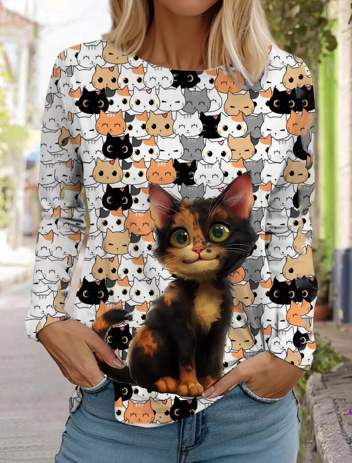 Women's Cute Cat Long Sleeves T-Shirt Round Neck Long Sleeved Autumn Animal Clothing Holiday Gift Clothing Fashion Party T-Shirt