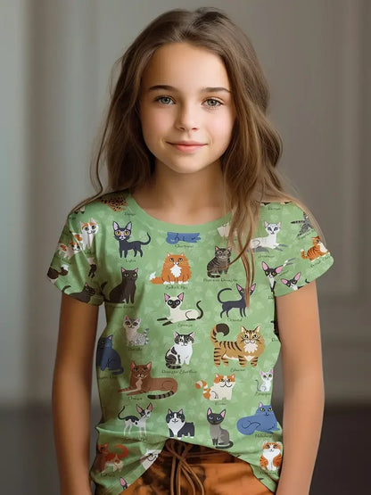 Kids Clothes Children's T-Shirt Girl Short Sleeve Top Cartoon Cat Kawaii Girls Summer Clothes Child T-Shirt  Children's Clothing