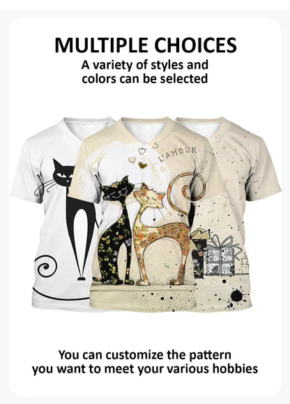Women's T-shirt Cartoon Cat Print Summer Short Sleeve V-Neck Kawaii Fashion Casual Tee Shirts With Cat Funny Femininity Clothing
