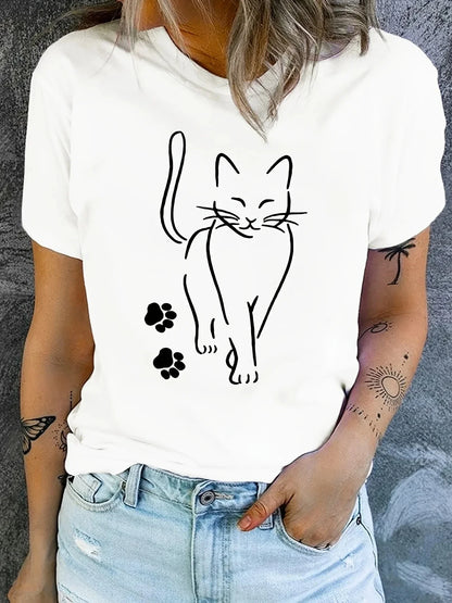 Women's Cat Printed Round Neck Loose T-shirt with Simple Lines Cat Plus Size Comfortable and Casual Black Short Sleeved Top