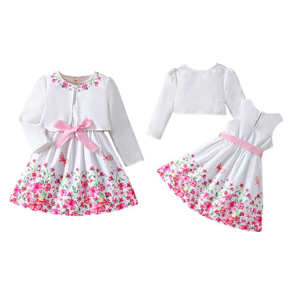 Kids Casual Clothing Sets Outfits for Girls Spring Summer Toddler Floral Print Long Sleeve Coat Tank Dress Children 2 3 4 5 6 7