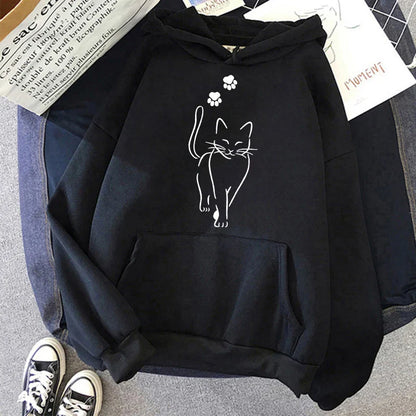 Whimsical Cat Print Sweatshirts Cat Women Kawaii Kangaroo Pocket Hoodies Girl Casual Pullovers Female Animal Hooded 90s Clothing