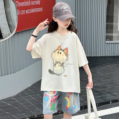 Kids Summer Cartoon Cat Print Tracksuit for Teenage Girl 5 6 7 8 9 10 11 12 13 14 Years Old Child Casual Top Bottom Clothes Set