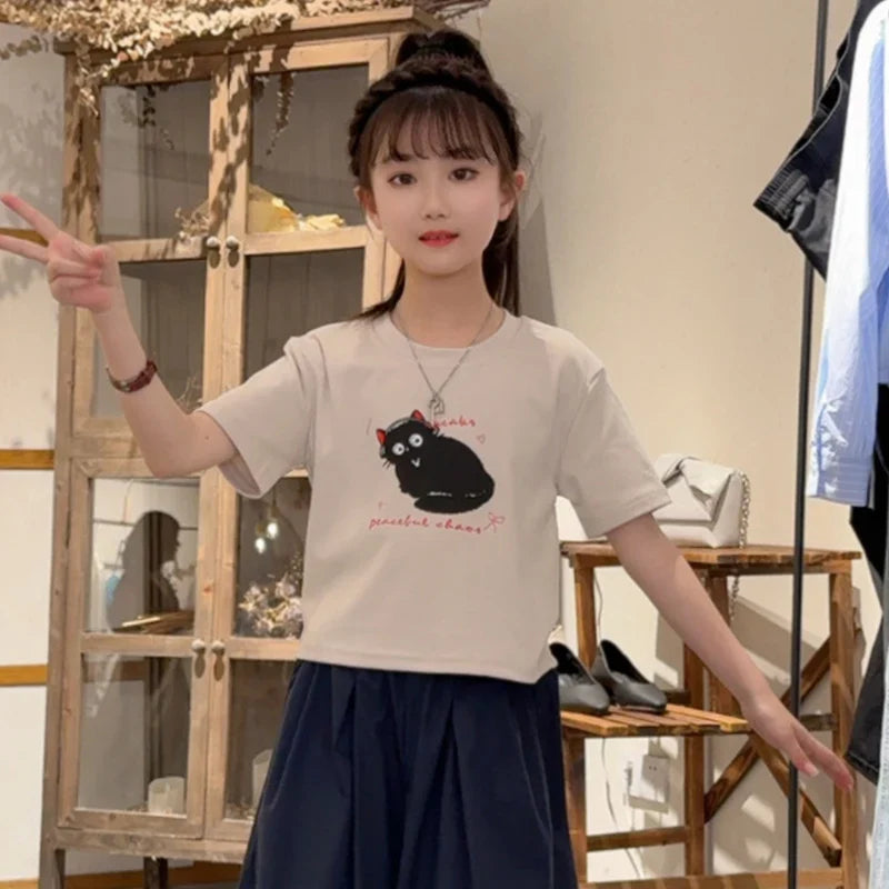 Girls Clothing Set Cartoon Cat Print T-shirt+Straight Through Pants 2Pcs Suit For 2-8 Years Kids Casual Outfit 2025 Summer New