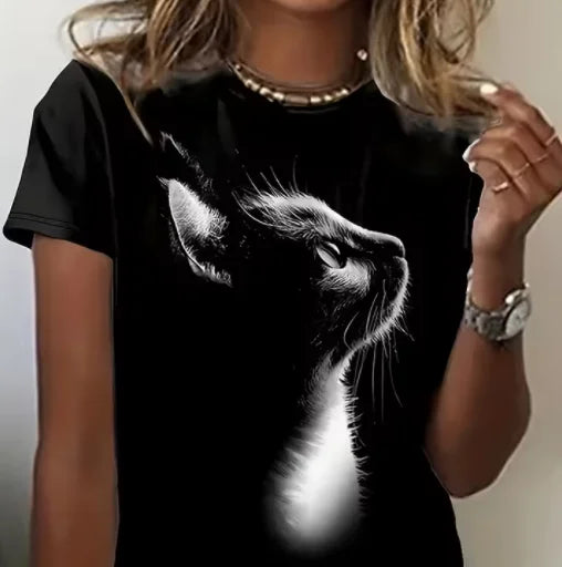 Girls Funny Climb Cute Cat Design Print T-shirt Short Sleeve Neck Casual All Season Women's Clothing Top Tee Ladies' Cat T-shirt