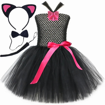 Black Cat Costume for Girls Carnival Party Fancy Dress Up Clothes Outfit Toddler Kids Halloween Tutu Dress Animal Kitty Costumes